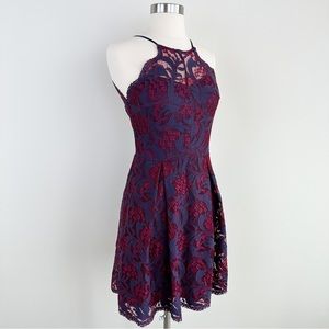Francesca’s Felicia Fit and Flare Blue Gray Magenta Lace Dress Size M